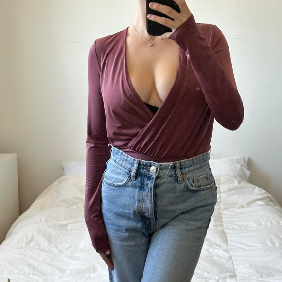 Burgundy long sleeve wrap bodysuit - Picture 2 of 8